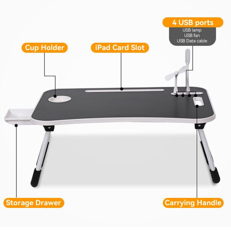 Laptop Bed Desk, Portable Foldable Laptop Table, Lap Desk Tray Table with 4 USB Ports, Storage Drawer and Cup Holder, for Bed/Couch Working, Reading