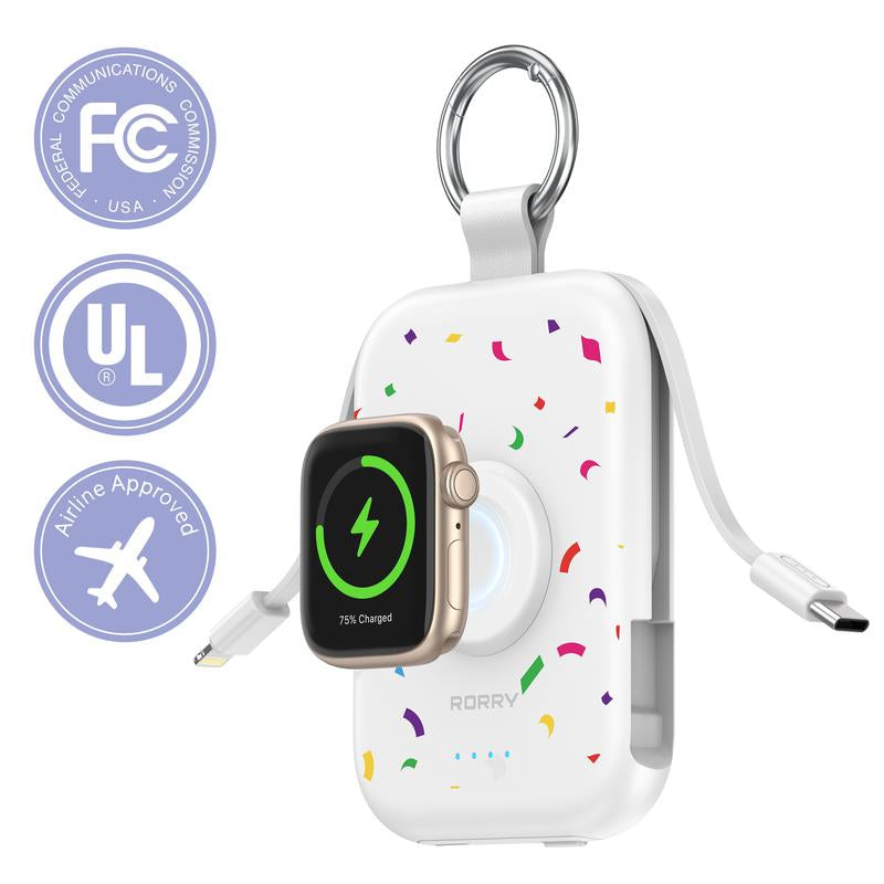 RORRY Mini Portable Power Bank 5000Mah USB Type-C Charger with Built-In Cable & Keychain for Apple Watch Iphone 17-12 Series Compact Travel-Friendly Design Perfectgift Tiktokshopblackfrid