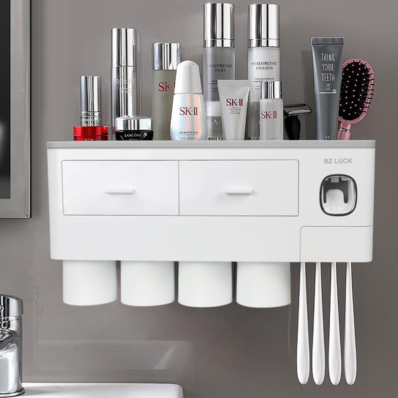 2-4 Cup Toothbrush Holders for Bathrooms - Wall Mounted with Toothpaste Dispenser - Cosmeticdrawe, Large Capacity Tray & Bathroom Accessories Bottles Home Goods Organizer Organizing