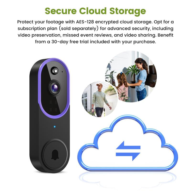 Wireless Video Doorbell Camera, Smart Security Doorbell Camera, 1080P, AI Human Detection , Night Vision, Instant Alert, Two Way Audio, 2.4G Wifi Only, Simple Installation and Rechargeable Battery, Cloud Storage, Wifi Camera