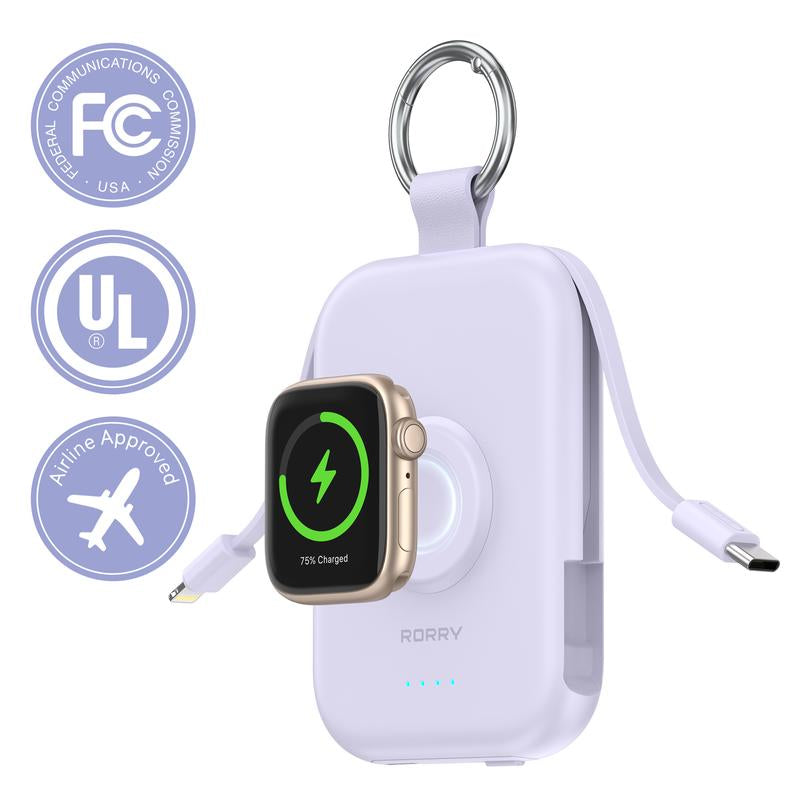 RORRY Mini Portable Power Bank 5000Mah USB Type-C Charger with Built-In Cable & Keychain for Apple Watch Iphone 17-12 Series Compact Travel-Friendly Design Perfectgift Tiktokshopblackfrid