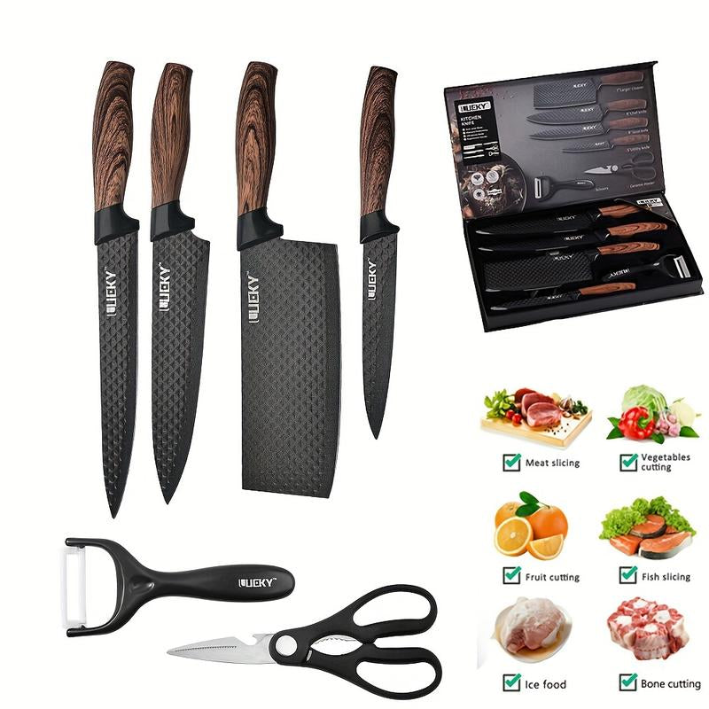 Professional 1/6" Kitchen Knife Set, Including a Chef'S Knife, Slicer, Scraper, and Scissors, Made of Stainless Steel with Super Sharp Blades and Non-Stick Ergonomic Wooden Handles, Suitable for Home and Travel, Gift Box