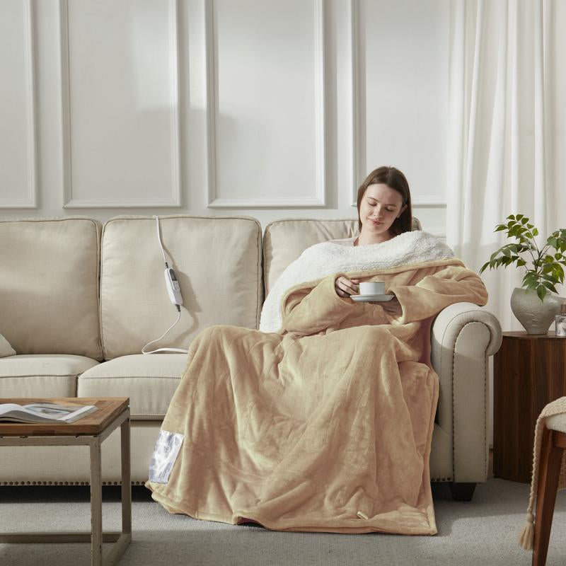 【Black Friday】Downcool Wearable Electric Heated Blanket with Sleeves & Hood & Foot Pockets Flannel Sherpa Blanket for Adults Heated Blanket with 1-12 Hours Auto-Off & 10 Heat Settings 50X70 Inch Electric Heating for Bedroom Home