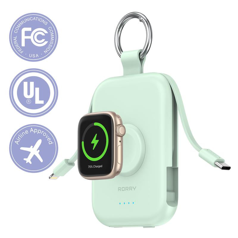 RORRY Mini Portable Power Bank 5000Mah USB Type-C Charger with Built-In Cable & Keychain for Apple Watch Iphone 17-12 Series Compact Travel-Friendly Design Perfectgift Tiktokshopblackfrid