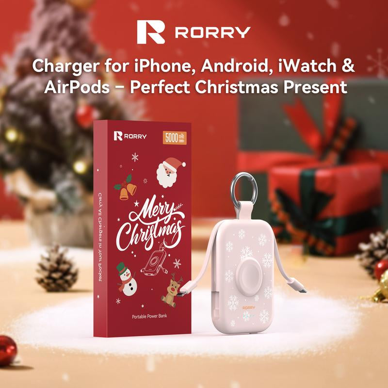 RORRY Mini Portable Power Bank 5000Mah USB Type-C Charger with Built-In Cable & Keychain for Apple Watch Iphone 17-12 Series Compact Travel-Friendly Design Perfectgift Tiktokshopblackfrid