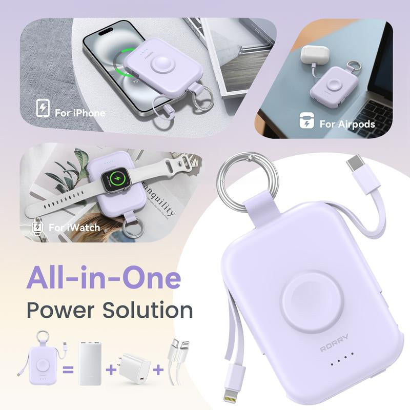 RORRY Mini Portable Power Bank 5000Mah USB Type-C Charger with Built-In Cable & Keychain for Apple Watch Iphone 17-12 Series Compact Travel-Friendly Design Perfectgift Tiktokshopblackfrid