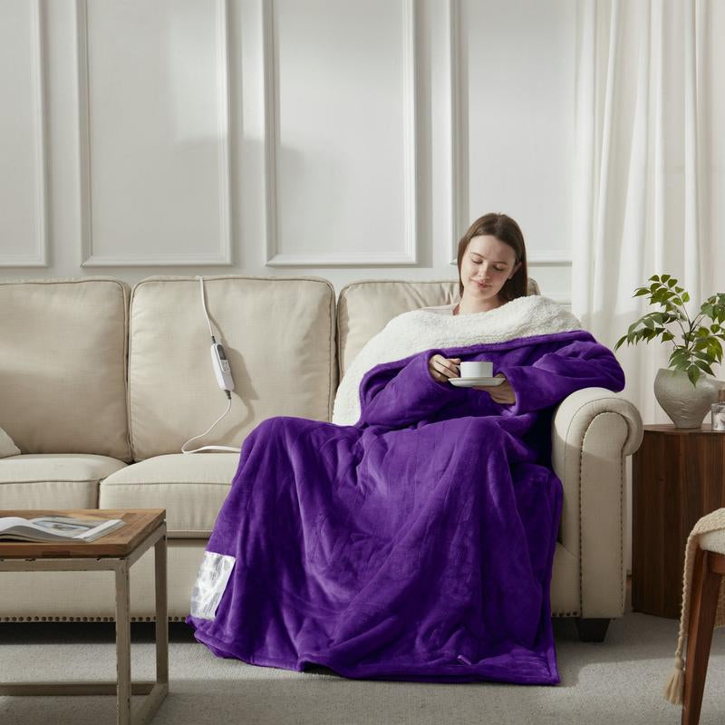 【Black Friday】Downcool Wearable Electric Heated Blanket with Sleeves & Hood & Foot Pockets Flannel Sherpa Blanket for Adults Heated Blanket with 1-12 Hours Auto-Off & 10 Heat Settings 50X70 Inch Electric Heating for Bedroom Home
