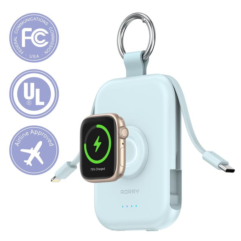 RORRY Mini Portable Power Bank 5000Mah USB Type-C Charger with Built-In Cable & Keychain for Apple Watch Iphone 17-12 Series Compact Travel-Friendly Design Perfectgift Tiktokshopblackfrid