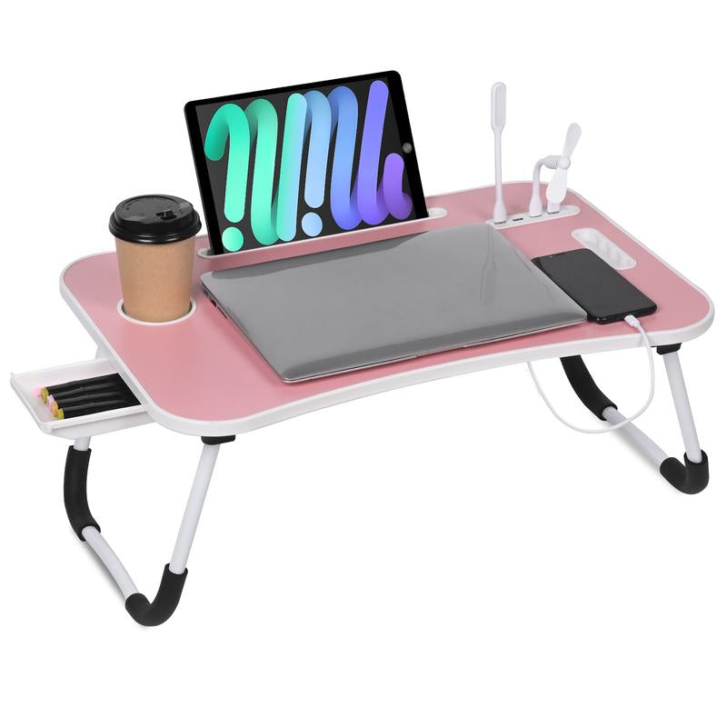 Laptop Bed Desk, Portable Foldable Laptop Table, Lap Desk Tray Table with 4 USB Ports, Storage Drawer and Cup Holder, for Bed/Couch Working, Reading