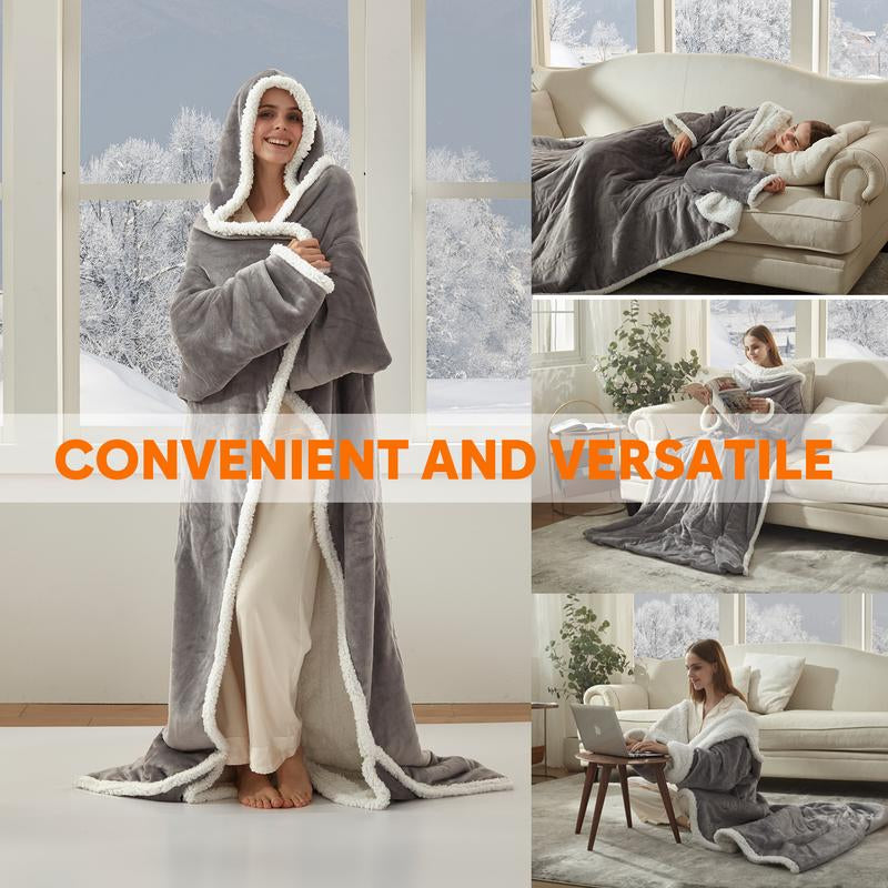 【Black Friday】Downcool Wearable Electric Heated Blanket with Sleeves & Hood & Foot Pockets Flannel Sherpa Blanket for Adults Heated Blanket with 1-12 Hours Auto-Off & 10 Heat Settings 50X70 Inch Electric Heating for Bedroom Home