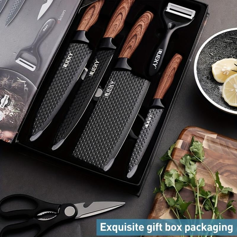 Professional 1/6" Kitchen Knife Set, Including a Chef'S Knife, Slicer, Scraper, and Scissors, Made of Stainless Steel with Super Sharp Blades and Non-Stick Ergonomic Wooden Handles, Suitable for Home and Travel, Gift Box
