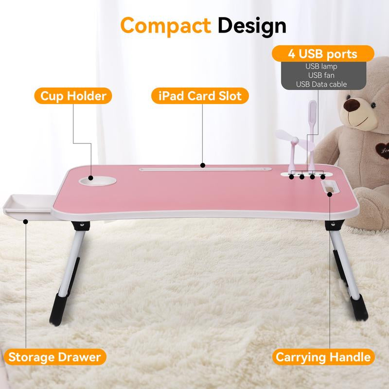 Laptop Bed Desk, Portable Foldable Laptop Table, Lap Desk Tray Table with 4 USB Ports, Storage Drawer and Cup Holder, for Bed/Couch Working, Reading