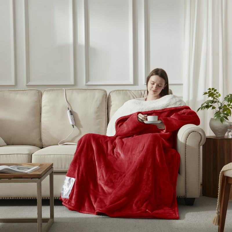 【Black Friday】Downcool Wearable Electric Heated Blanket with Sleeves & Hood & Foot Pockets Flannel Sherpa Blanket for Adults Heated Blanket with 1-12 Hours Auto-Off & 10 Heat Settings 50X70 Inch Electric Heating for Bedroom Home