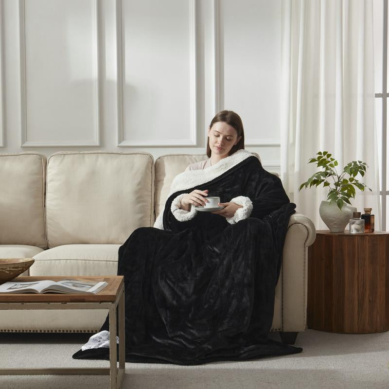 【Black Friday】Downcool Wearable Electric Heated Blanket with Sleeves & Hood & Foot Pockets Flannel Sherpa Blanket for Adults Heated Blanket with 1-12 Hours Auto-Off & 10 Heat Settings 50X70 Inch Electric Heating for Bedroom Home