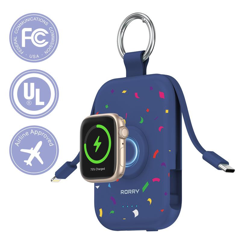 RORRY Mini Portable Power Bank 5000Mah USB Type-C Charger with Built-In Cable & Keychain for Apple Watch Iphone 17-12 Series Compact Travel-Friendly Design Perfectgift Tiktokshopblackfrid