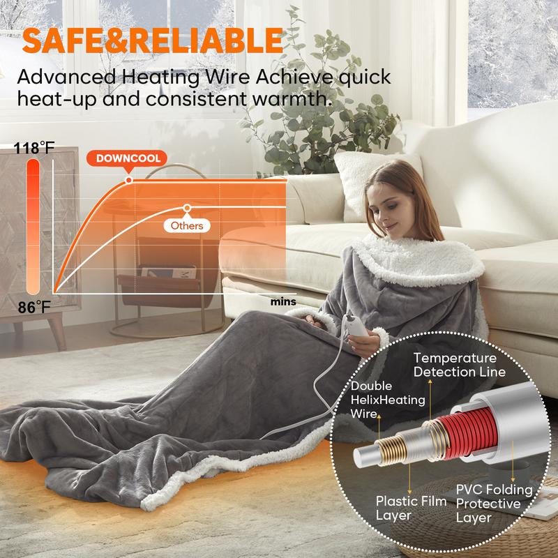 【Black Friday】Downcool Wearable Electric Heated Blanket with Sleeves & Hood & Foot Pockets Flannel Sherpa Blanket for Adults Heated Blanket with 1-12 Hours Auto-Off & 10 Heat Settings 50X70 Inch Electric Heating for Bedroom Home
