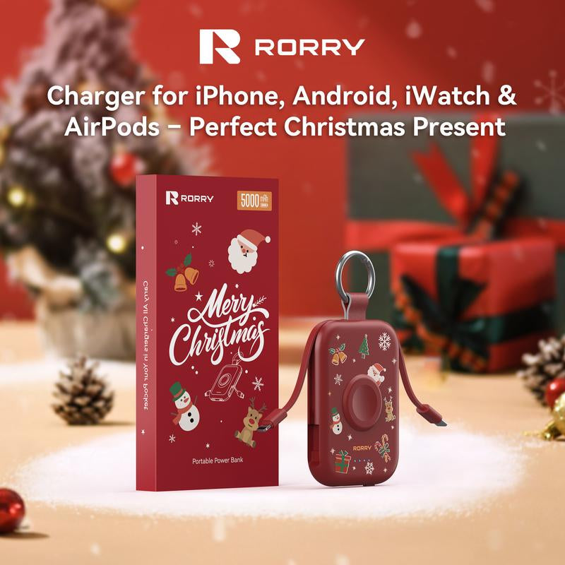 RORRY Mini Portable Power Bank 5000Mah USB Type-C Charger with Built-In Cable & Keychain for Apple Watch Iphone 17-12 Series Compact Travel-Friendly Design Perfectgift Tiktokshopblackfrid