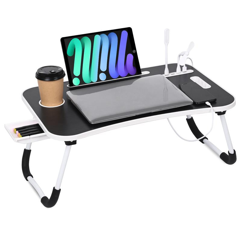 Laptop Bed Desk, Portable Foldable Laptop Table, Lap Desk Tray Table with 4 USB Ports, Storage Drawer and Cup Holder, for Bed/Couch Working, Reading