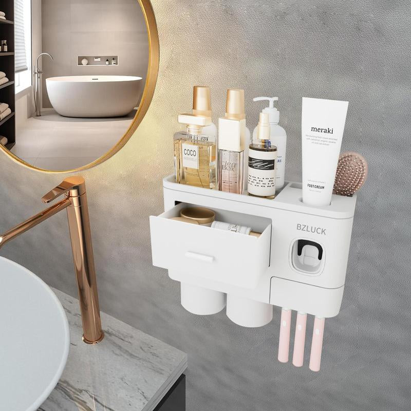 2-4 Cup Toothbrush Holders for Bathrooms - Wall Mounted with Toothpaste Dispenser - Cosmeticdrawe, Large Capacity Tray & Bathroom Accessories Bottles Home Goods Organizer Organizing