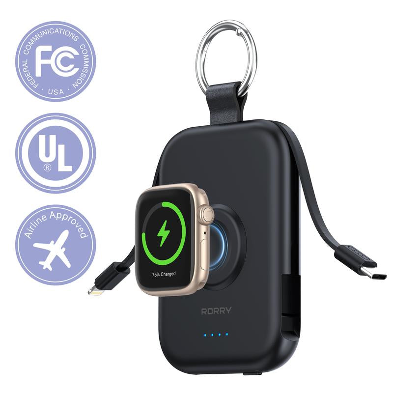 RORRY Mini Portable Power Bank 5000Mah USB Type-C Charger with Built-In Cable & Keychain for Apple Watch Iphone 17-12 Series Compact Travel-Friendly Design Perfectgift Tiktokshopblackfrid