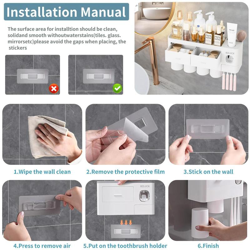 2-4 Cup Toothbrush Holders for Bathrooms - Wall Mounted with Toothpaste Dispenser - Cosmeticdrawe, Large Capacity Tray & Bathroom Accessories Bottles Home Goods Organizer Organizing