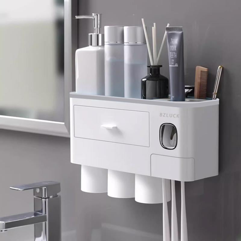2-4 Cup Toothbrush Holders for Bathrooms - Wall Mounted with Toothpaste Dispenser - Cosmeticdrawe, Large Capacity Tray & Bathroom Accessories Bottles Home Goods Organizer Organizing