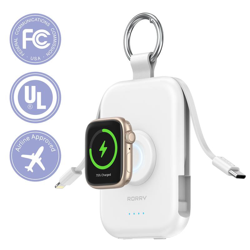 RORRY Mini Portable Power Bank 5000Mah USB Type-C Charger with Built-In Cable & Keychain for Apple Watch Iphone 17-12 Series Compact Travel-Friendly Design Perfectgift Tiktokshopblackfrid