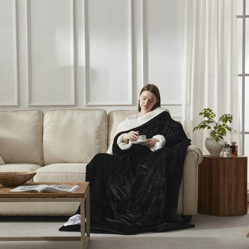 【Black Friday】Downcool Wearable Electric Heated Blanket with Sleeves & Hood & Foot Pockets Flannel Sherpa Blanket for Adults Heated Blanket with 1-12 Hours Auto-Off & 10 Heat Settings 50X70 Inch Electric Heating for Bedroom Home