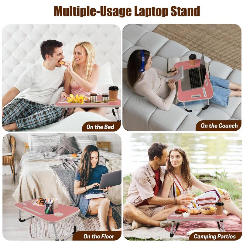Laptop Bed Desk, Portable Foldable Laptop Table, Lap Desk Tray Table with 4 USB Ports, Storage Drawer and Cup Holder, for Bed/Couch Working, Reading