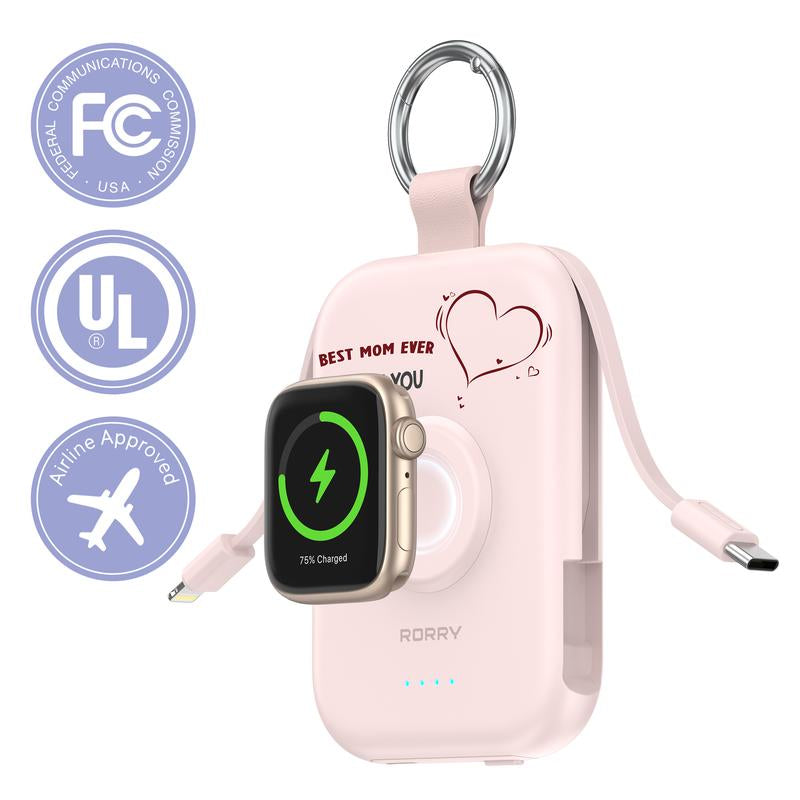 RORRY Mini Portable Power Bank 5000Mah USB Type-C Charger with Built-In Cable & Keychain for Apple Watch Iphone 17-12 Series Compact Travel-Friendly Design Perfectgift Tiktokshopblackfrid