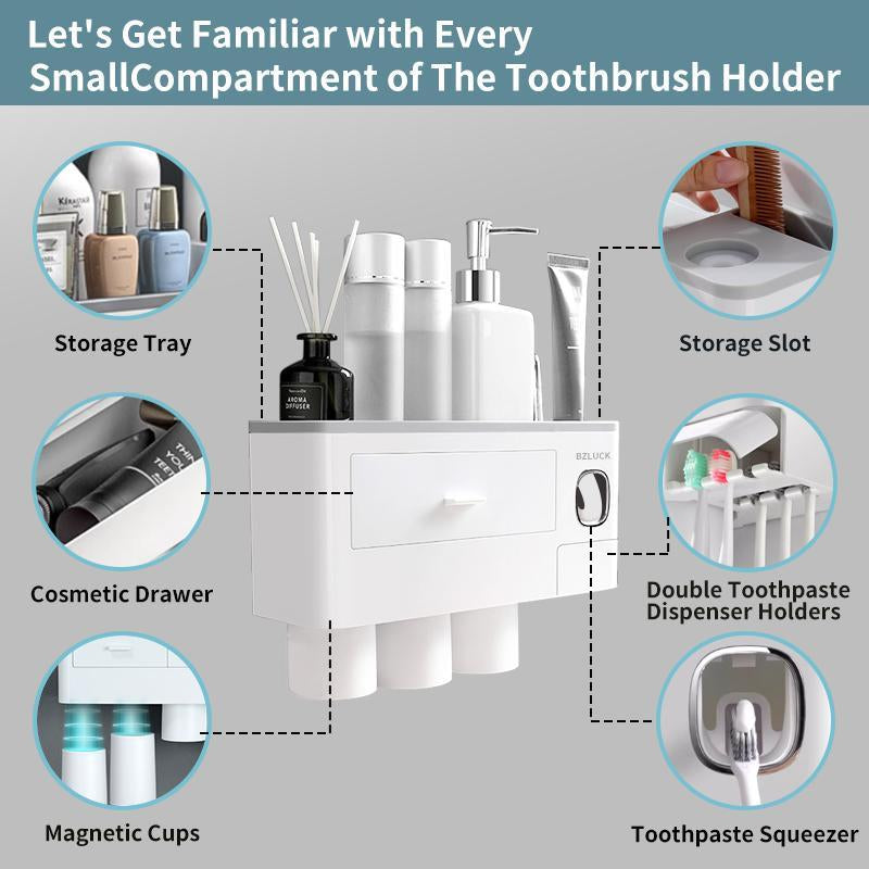 2-4 Cup Toothbrush Holders for Bathrooms - Wall Mounted with Toothpaste Dispenser - Cosmeticdrawe, Large Capacity Tray & Bathroom Accessories Bottles Home Goods Organizer Organizing