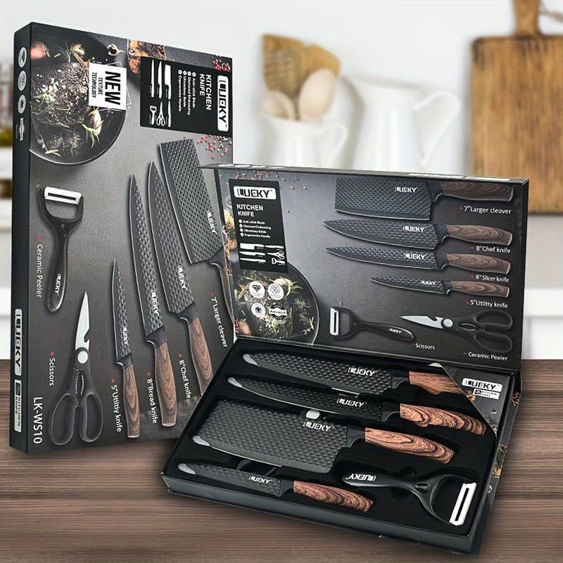 Professional 1/6" Kitchen Knife Set, Including a Chef'S Knife, Slicer, Scraper, and Scissors, Made of Stainless Steel with Super Sharp Blades and Non-Stick Ergonomic Wooden Handles, Suitable for Home and Travel, Gift Box