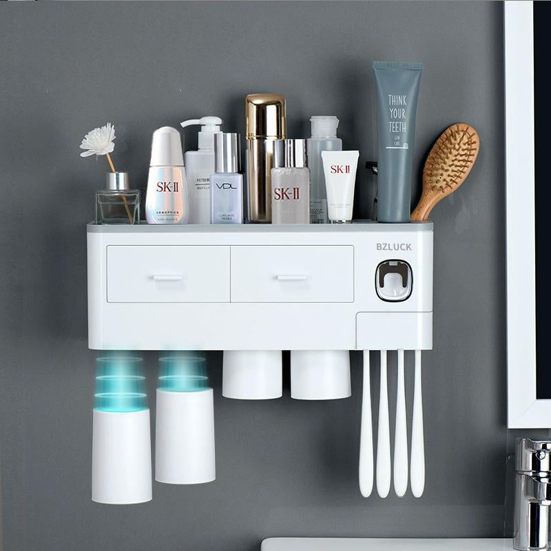 2-4 Cup Toothbrush Holders for Bathrooms - Wall Mounted with Toothpaste Dispenser - Cosmeticdrawe, Large Capacity Tray & Bathroom Accessories Bottles Home Goods Organizer Organizing